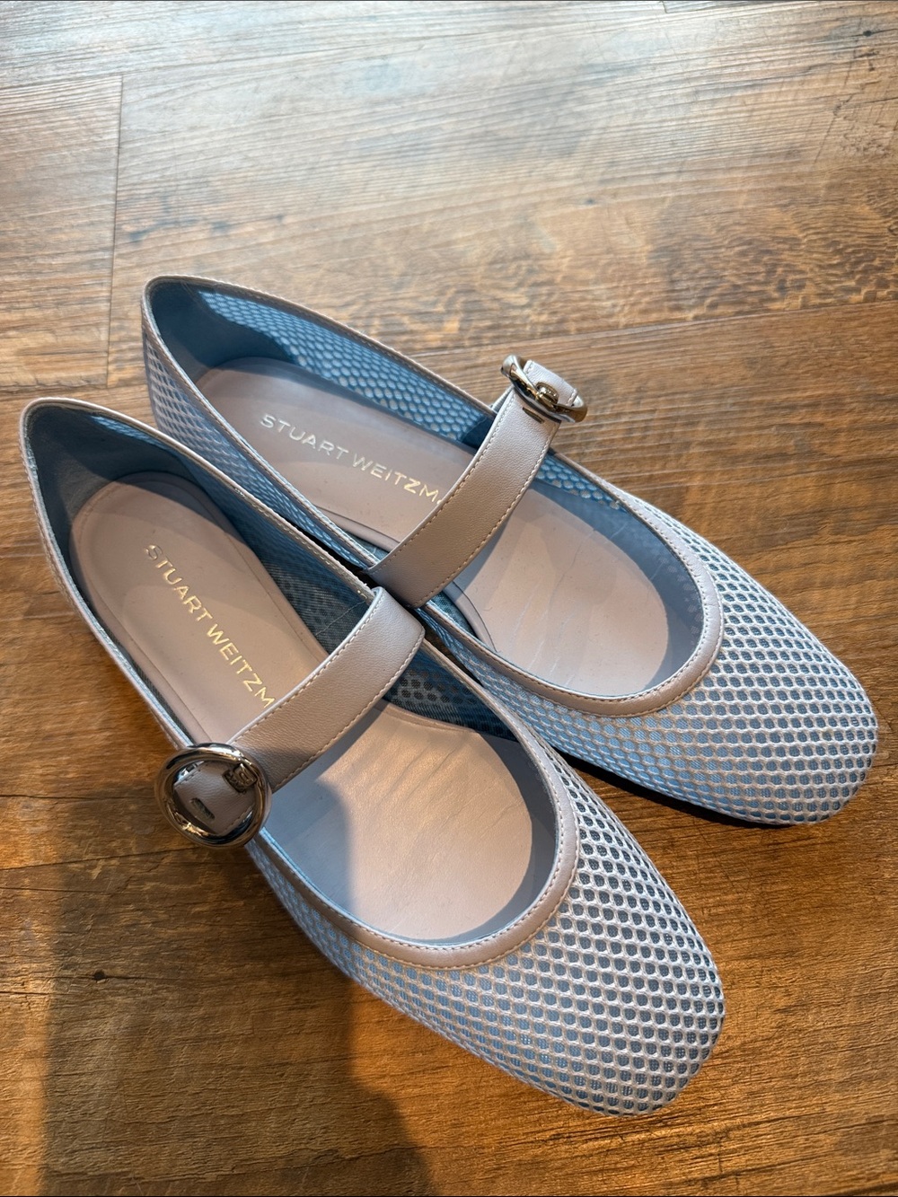 Stuart Weitzman Pale Blue Mesh Mary Jane Flats with Tan Strap